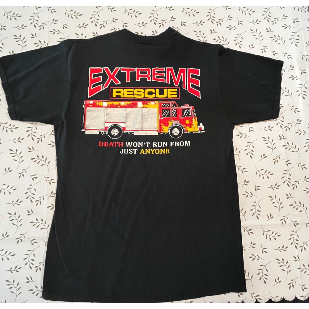 Jerzees Mens L Extreme Rescue Firefighter Graphic T-Shirt Black Fire Truck VTG